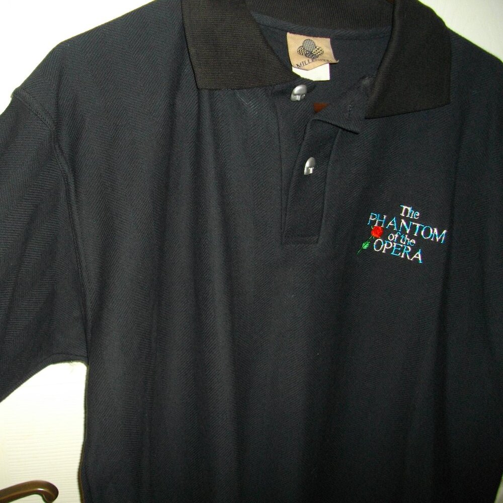 Unisex Phantom of the Opera souvenir polo, black, with mask buttons. M. New.